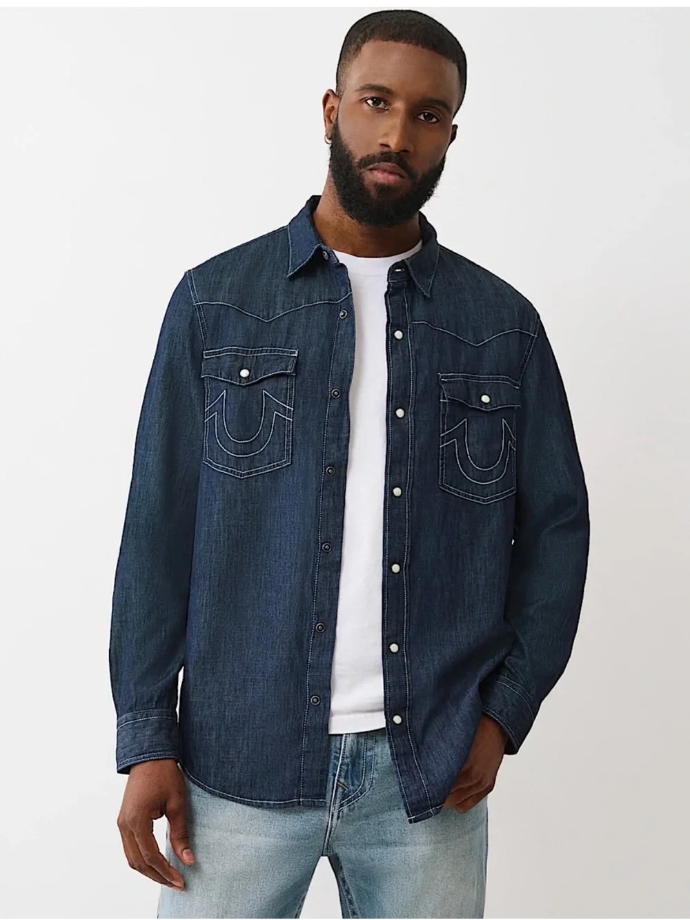 True Religion Men's Dark Blue Denim Western Button-Down Shirt with Red Trim